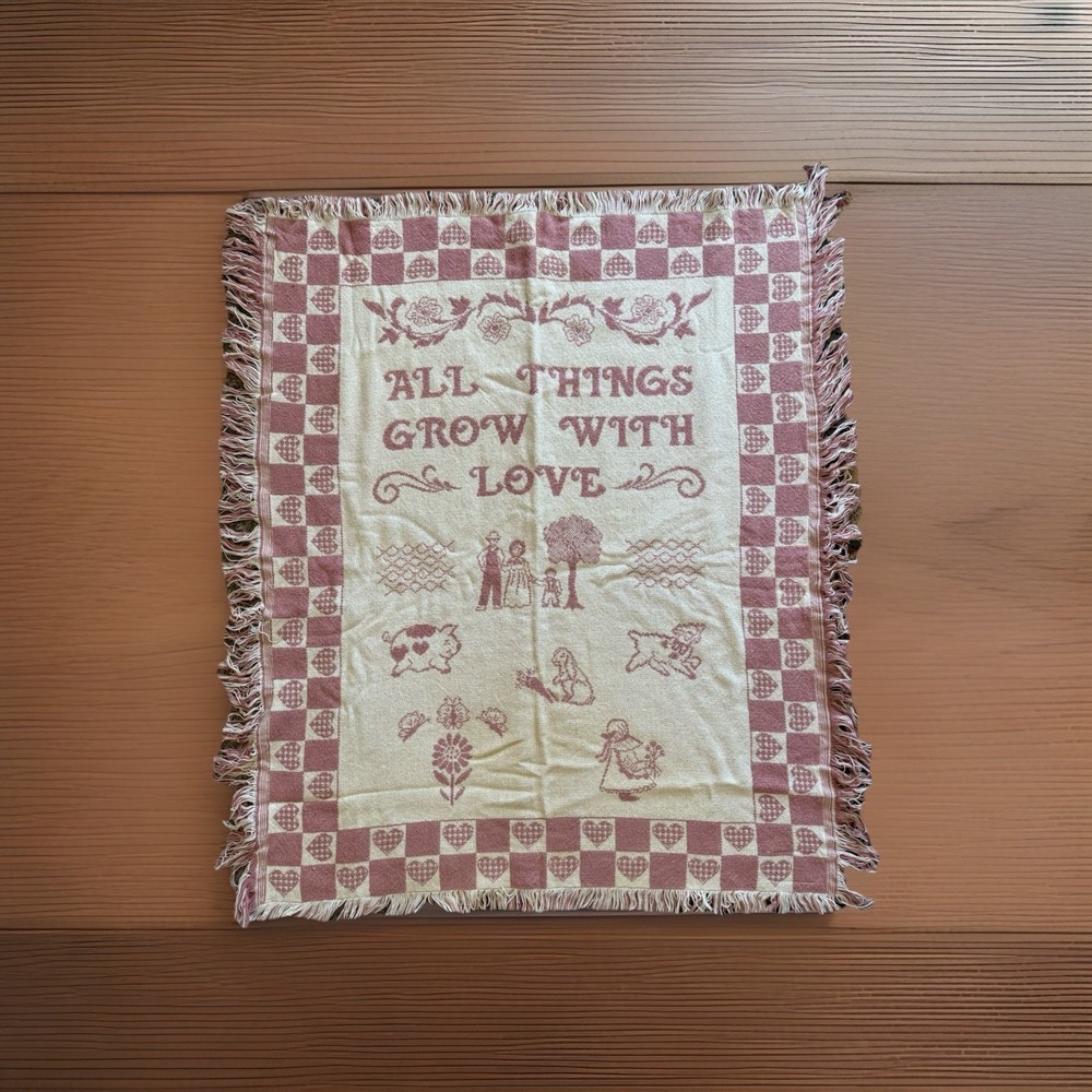 Vintage  "All Things Grow With Love" Tapestry Throw Blanket-Goodwin Weavers Pink
